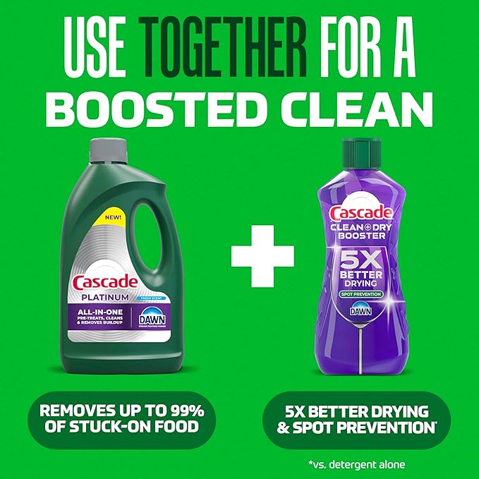Cascade Rinse Aid Clean & Dry Booster Dishwasher Rinse Aid Liquid for Spotless, Streak-Free Dishes, Works with Dishwasher Detergent, Dishwasher Gel, Pods, or Tablets, Powerful Dry Booster, 16 oz