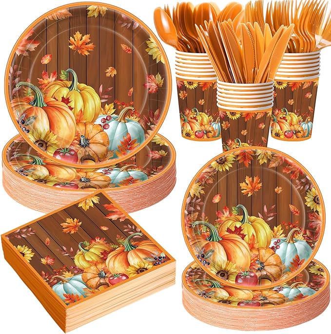 Pickmesh 400 Pcs Thanksgiving Plates and Napkins Set, Fall Pumpkin Paper Plates and Cups with Plastic Cutlery, Pumpkin Maple Leaf Disposable Tableware for Autumn Harvest Party Supplies