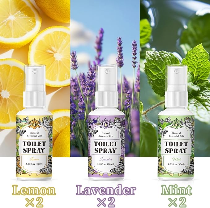 SCENTORINI Toilet Spray for Poo Odor Eliminator, Bathroom & Toilet Odor Elimination,Travel Size, 2 Lemon & 2 Lavender & 2 Mint, 1 oz Bottles, Air Freshener Spray for Poop, Home, Travel and Pockets