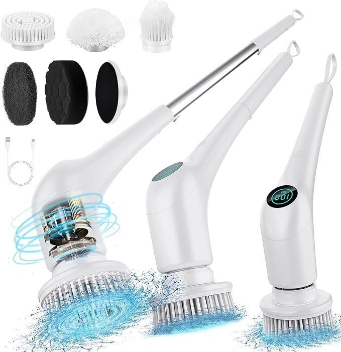FUNCCUBE Electric Spin Scrubber - Bathtub Shower Scrubber,Bathroom Cleaning Brush Floor Brushes with Long Handle,Power Cordless Automatic Handheld Mop Cleaner for Bath Tub Kitchen Tile Grout Hardwood