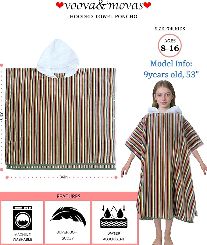 VOOVA & MOVAS Hooded Poncho Towel for Teens Unisex 100% Cotton Vintage Premium Beach Outdoor Bath Cover Up Multicolor Retro Stripe