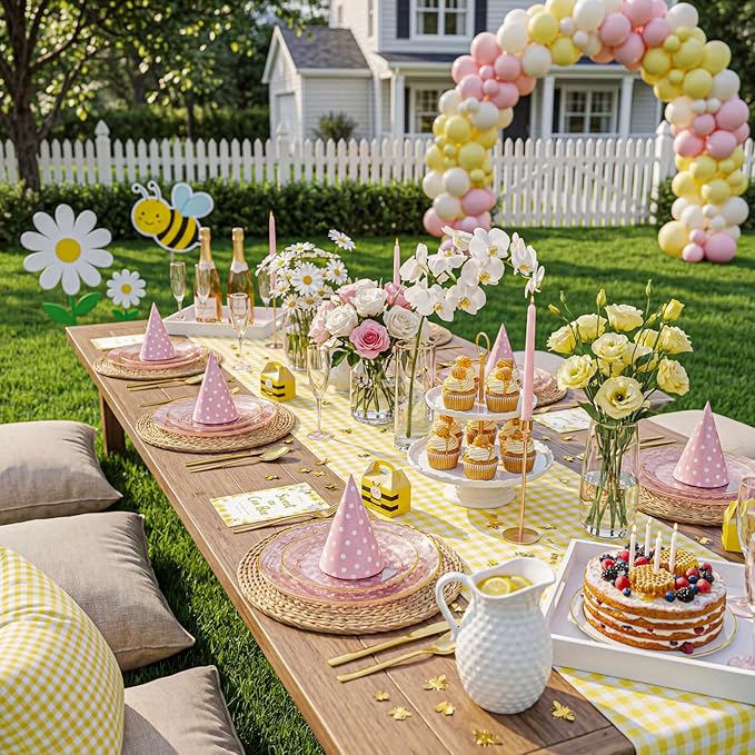 Festiva 60PCS Clear Pink Gold Plastic Plates - Heavy Duty Fancy Disposable Plates With Gold Rim-serve for 30 guests Include 30PCS 10.25" & 30PCS 7.5" Honeycomb Design Plates for Party(Pink)
