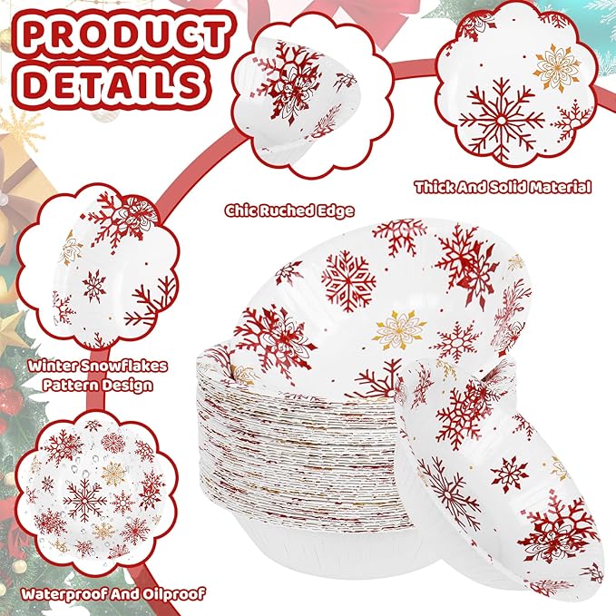 FYSUIMU 100 Pcs Winter Paper Bowls Christmas Red White Snowflake Party Snack Bowl Disposable Serving Bowls for Xmas Party Household Supplies Decor, 12 Oz