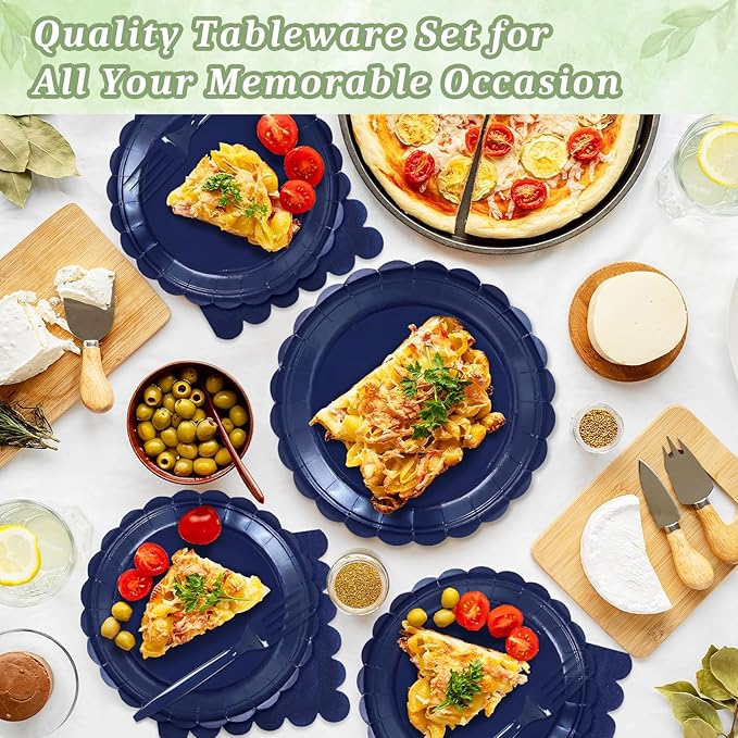 Mulbozy 100 Navy Blue Plates and Napkins Disposable Set Includes 25-9" & 25-7" Dessert Cake Scalloped Plates, Cocktail Napkins, Forks for for Holiday Party Supplies