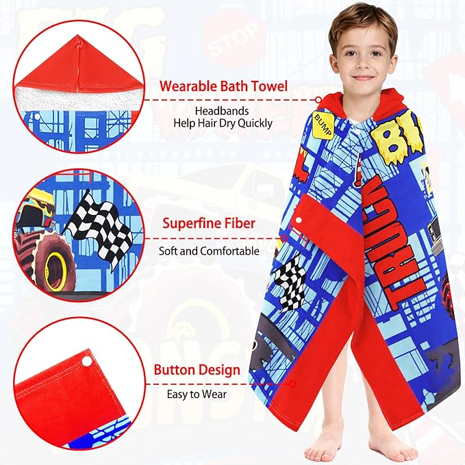 Hooded Towels for Kids - Superfine Fiber Monster Truck Toddler Hood Bath Towels Beach Hooded Poncho Absorbent Pool Toddler Swim Bath Wrap for Boys & Girls 3-10 Years Beach Essentials, 50*30 inches