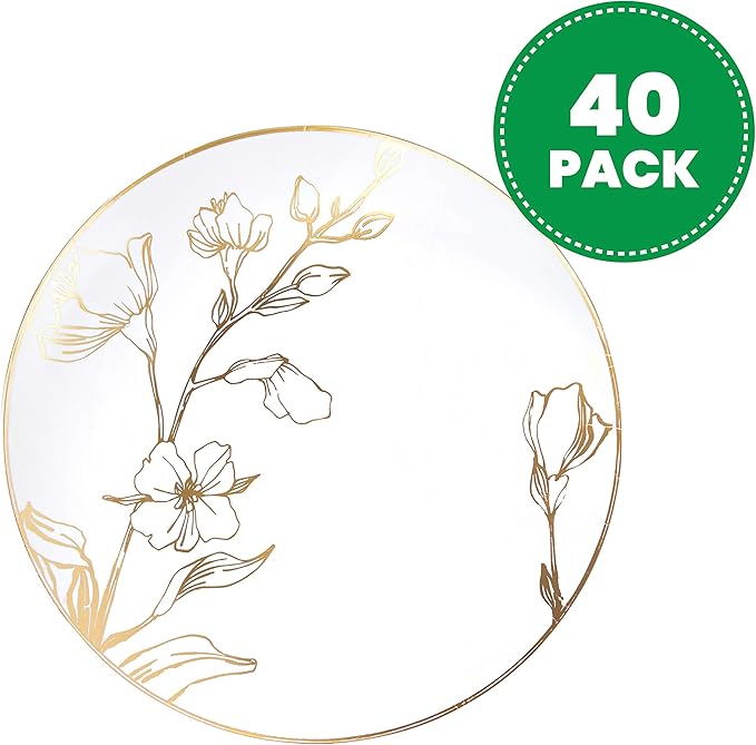 [7'' Plates 40 Count] White Plastic Floral Design Party Plates With Gold Rim Premium heavyweight Elegant Disposable Tableware Dishes