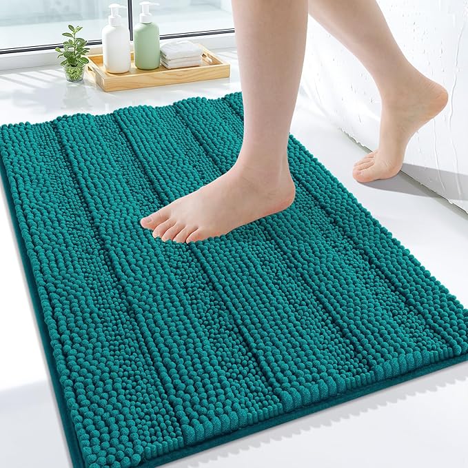 Grandaily Chenille Striped Bathroom Rugs 24x16, Extra Thick and Soft Absorbent Bath Mats, Rubber Backing, Plush Shaggy Shower Carpet, Machine Wash Dry, Bath Rug for Bathroom, Deep Lake
