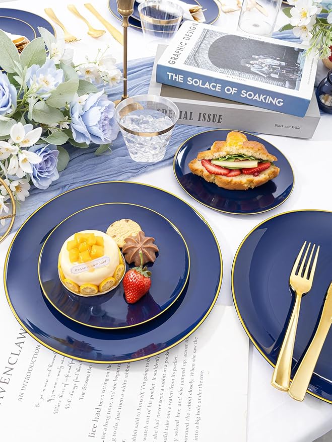 WDF 300PCS Navy Blue Plates Disposable - Blue Plastic Plates 50guest Heavy Duty Plastic Dinnerware Sets for Party/Wedding/Birthday/Graduation