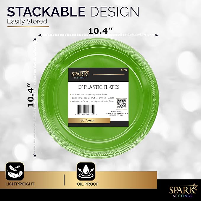 Amcrate Disposable Plastic Plates Kiwi, 10.4 Inches Dinner Plates, Strong and Sturdy for Party, Holiday, Picnic, or Travel - Pack of 50