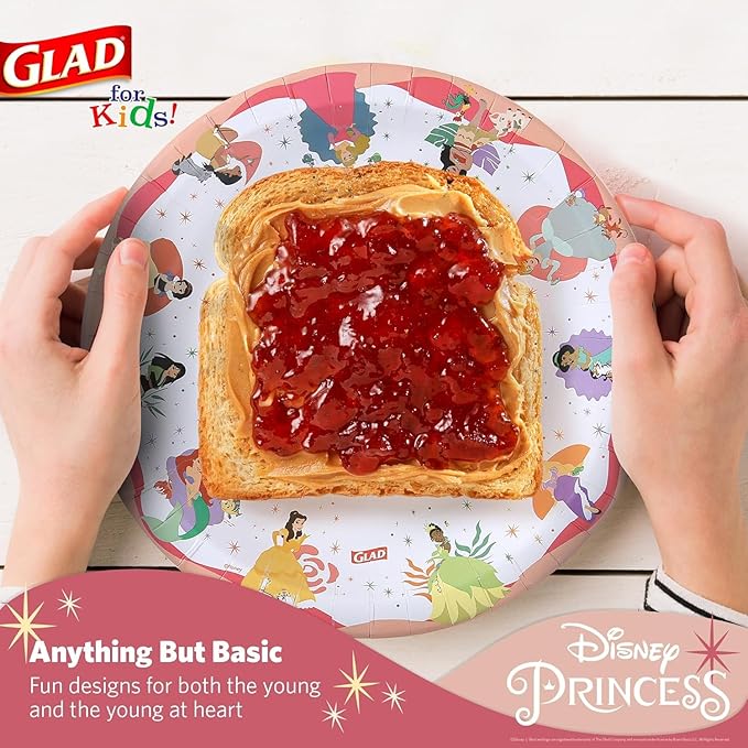 Glad for Kids Disney Princess Disposable Paper Plates, Magic is in All of Us Design - Heavy Duty, Soak-Proof, Microwavable Kid-Friendly Plates for Everyday Meals, 8.5 inch, 24 Count - 2 Pack