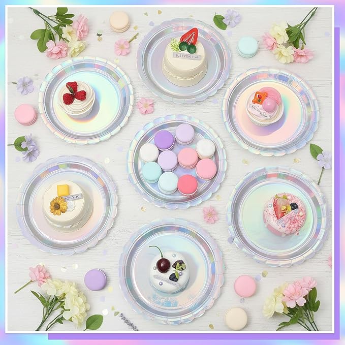 NatNarr 30 Pcs Iridescent Paper Plates Disposable 7 Inch Scalloped Holographic Plates Sliver Cake Dessert Plate for Graduation, Birthday, Mermaid, Disco
