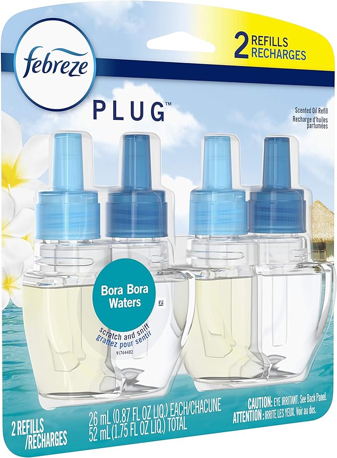 Febreze Plug In Air Freshener, Odor-Fighting Scented Oil Refill, Air Fresheners for Home and Bathroom and Kitchen, Long Lasting for Strong Odors, Bora Bora Waters Scent, 0.87oz Refills, 2 Count