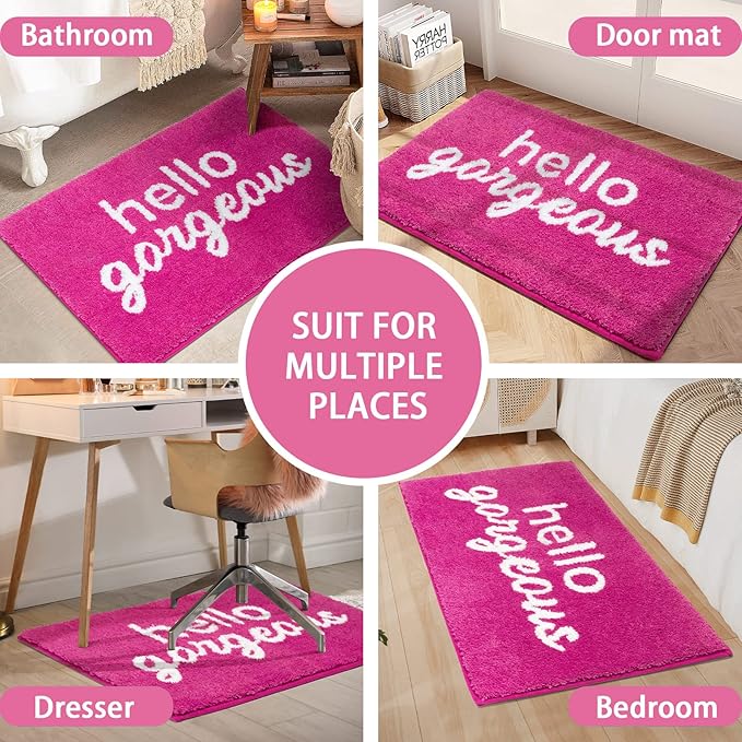 Nymphia Pink Bathroom Rugs Hello Gorgeous Bath Mat for Non Slip Soft Cute Bath Rug Preppy Bathroom Decor, 20x32 Inch, Hot Pink
