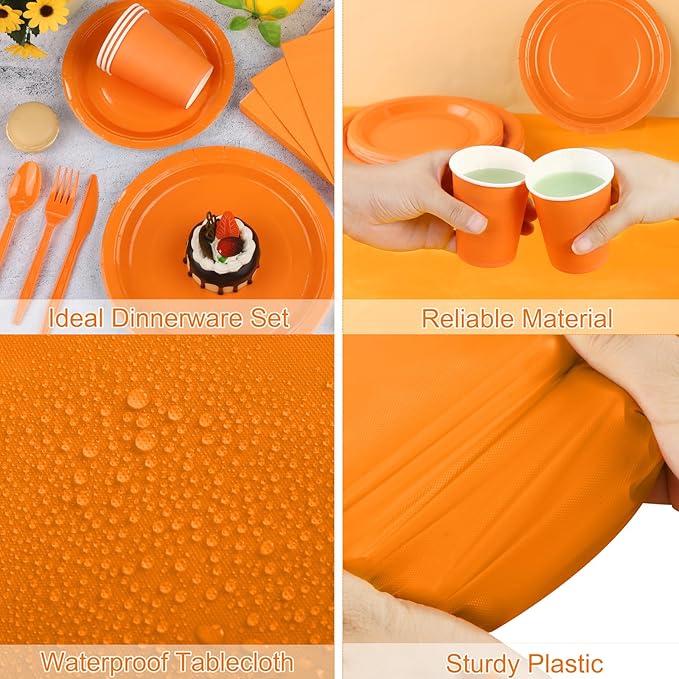 Kochorie 169 Pieces Orange Party Supplies Disposable Dinnerware Set Include Plates and Cups Napkins Plastic Forks Knives Spoons Tablecloth for Wedding Birthday Party Decorations, Serve 24 Guests
