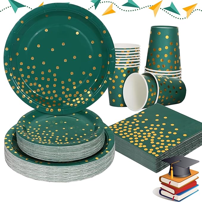 Green and Gold Party Decorations, 200Pcs Emerald Green Plates and Napkins Party Supplies, Birthday Plates for Fathers Day Graduation Decorations
