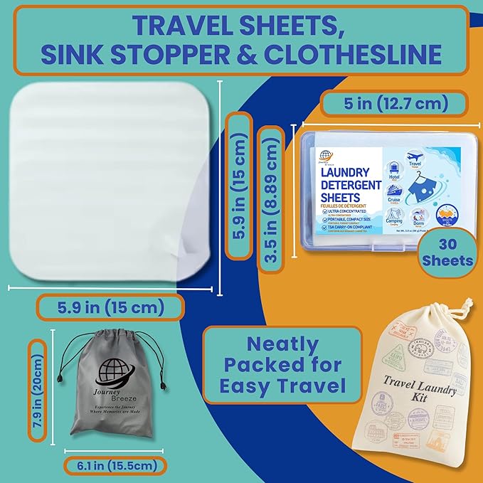 Travel Laundry Detergent Sheets Kit – 30-Count Laundry Detergent Sheets for Sink & Machine Wash, Portable Clothesline and Universal Sink Stopper for Hotels, Cruises, Camping & Trips