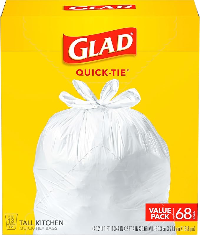 Glad Trash Bags, 13 Gallon, White | Quick-Tie | Tall Kitchen | 68 Count, Pack of 4