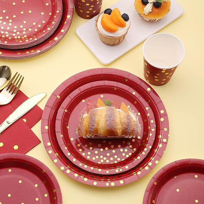175 PCS Burgundy and Gold Party Supplies - Burgundy Plates and Napkins Sets Serve 25 Guests - Maroon and Gold Paper Plates for Birthday Wedding Graduation Holiday Party Decorations