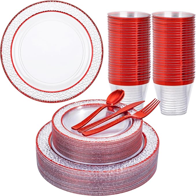 Ciaell 150 PCS Red Plastic Plates – Clear Hammered Disposable Plates with Red Rim include 50Plates, 25Forks, 25Knives, 25Spoons, 25Cups for Wedding & Party & Anniversary