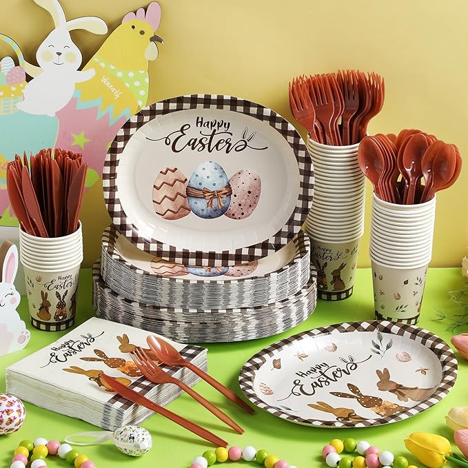 Havawish 350 Pcs Easter Bunny Party Supplies Happy Easter Disposable Tableware Set Rustic Buffalo Plaids Eggs Bunny Oval Paper Plates Cups Napkins Fork Knife Spoon for Spring Party Dinner Table Decor