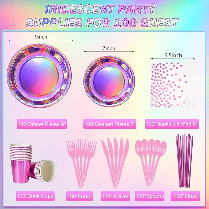 Iridescent Pink Party Supplies Decorations Serve100, Hot Pink Holographic Paper Plates and Napkins Set, Disposable Pink Paper Plates Cups Knives Spoons Fork for Mermaid Disco Kpop Birthday Party Decor
