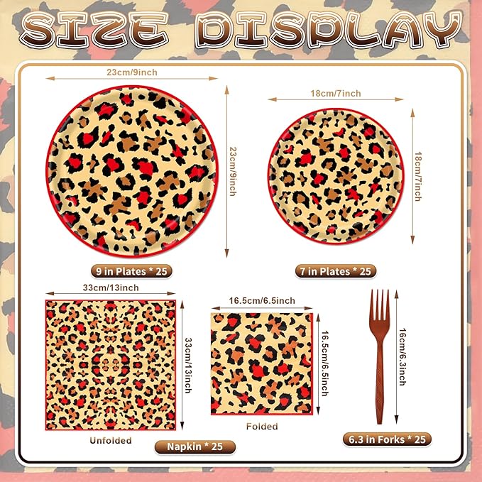 100 Pieces Leopard Print Party Tableware Set – Red Cheetah Animal Print Plates, Napkins and Forks, Disposable Dinnerware for Girls Birthday, Safari and Wild One Party Supplies