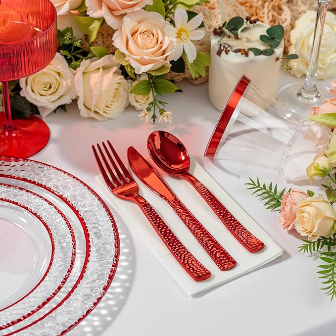Ciaell 150 PCS Red Plastic Plates – Clear Hammered Disposable Plates with Red Rim include 50Plates, 25Forks, 25Knives, 25Spoons, 25Cups for Wedding & Party & Anniversary