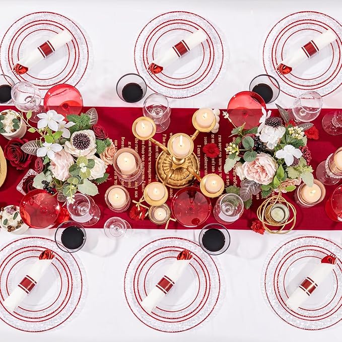 Ciaell 350 PCS Clear and Red Plastic Plates – Red Dinnerware Set for 50 Guests Include 100 Plastic Plates, 50 Pre Rolled Napkins with Cutlery Set, 50 Cups for Wedding & Party