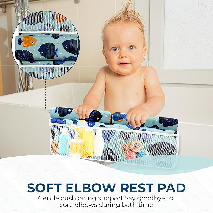TubbieBuddies Bath Kneeler and Elbow Rest Pad Set – Fish-Themed Baby Bath Cushion with 4 Large Mesh Storage Pockets – Thick Non-Slip Foam, Suction Cups, & Foldable for Easy Storage