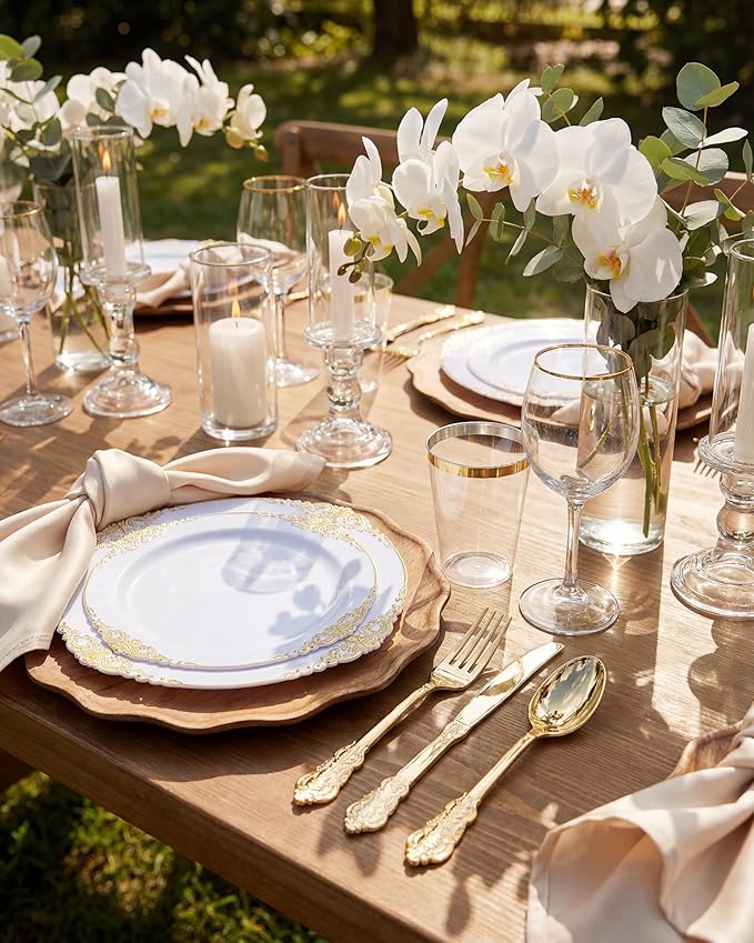 Nervure 350PCS Gold Plastic Plates - Gold Plastic Dinnerware Sets for 50 Guests - 100 Disposable Plates, 150 Silverware, 50 Cups, 50 Napkins for Wedding & Party