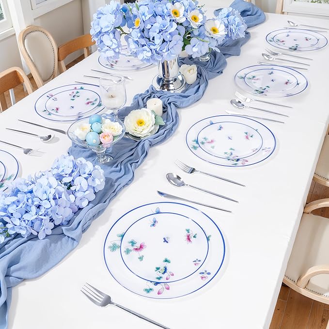 30Pcs White Plastic Plates - Butterfly Plates Disposable Heavy Duty, Fancy Floral Pattern Perfect for Weddings, Tea Parties, Holidays - 10.25" Dinner & 7.5" Dessert Plastic Plate