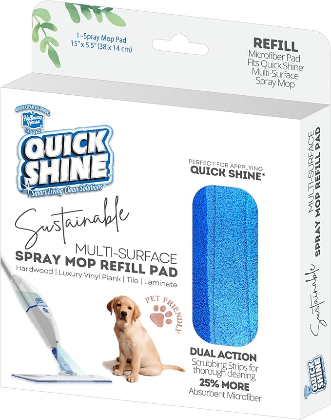 Quick Shine Spray Mop Refill Pad 6Pk 15"W x 5.5"D | Washable & Reusable | Dual Action Scrubbing Strips for Thorough Cleaning | Highly Absorbent Microfiber | Use w/Quick Shine Multi-Surface Spray Mop