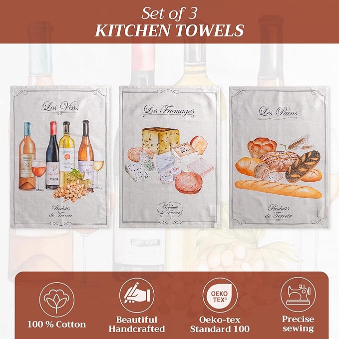 Maison d' Hermine Kitchen Towels Set of 3 100% Cotton 27.50" x 20" Reusable Cloth Tea Dish Towels Absorbent with Hanging Loop for Kitchen Farmhouse Hotel Spring Summer - Terroir