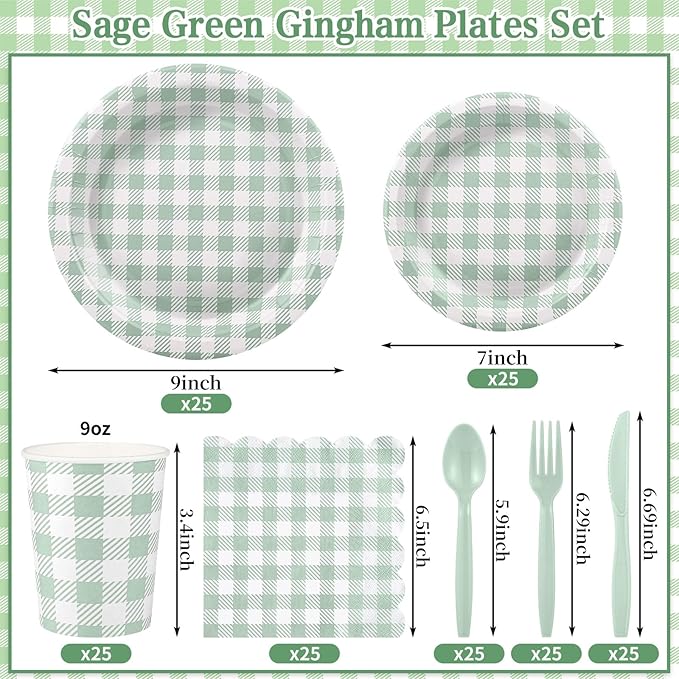 NatNarr 175 Pcs Sage Green Gingham Party Supplies Include Green Plates and Napkins Disposable Checkered Dinnerware Set for Baby Bridal Shower, Wedding, Birthday, Picnic