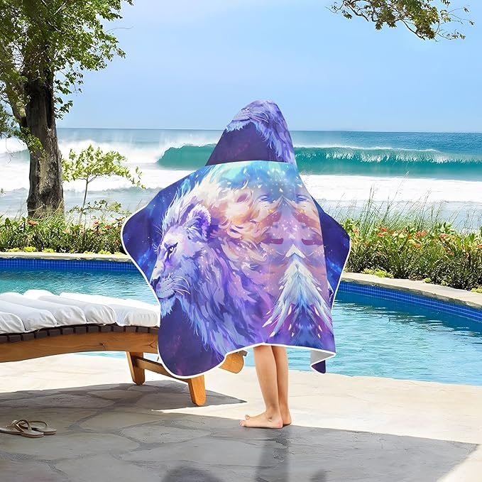 Hooded Towel for Kids Comic Style Purple Lion Beach Wrap Bath Towels 50x23.5in