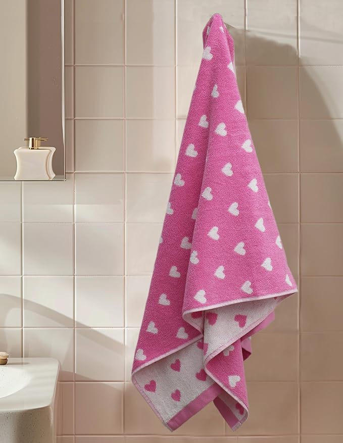 ORIGINAL KIDS 6 Piece Towel Set - Bath Time Hearts - 2 Bath Towels, 2 Hand Towels, 2 Washcloths - 100% Cotton Jacquard Colorful Soft Absorbent Pool Beach Kids Towel Gift - Pink White