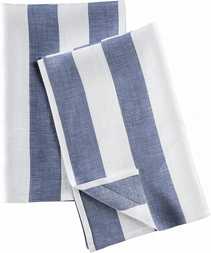 Solino Home Navy and White Linen Kitchen Towels Set of 2-100% Pure Linen 17 x 26 Inch Cabana Stripe Tea Towels with Hanging Loop - European Flax Kitchen Dish Cloth - Quick Dry & Machine Washable