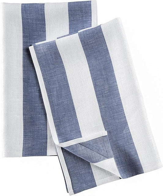 Solino Home Navy and White Linen Kitchen Towels Set of 2-100% Pure Linen 17 x 26 Inch Cabana Stripe Tea Towels with Hanging Loop - European Flax Kitchen Dish Cloth - Quick Dry & Machine Washable