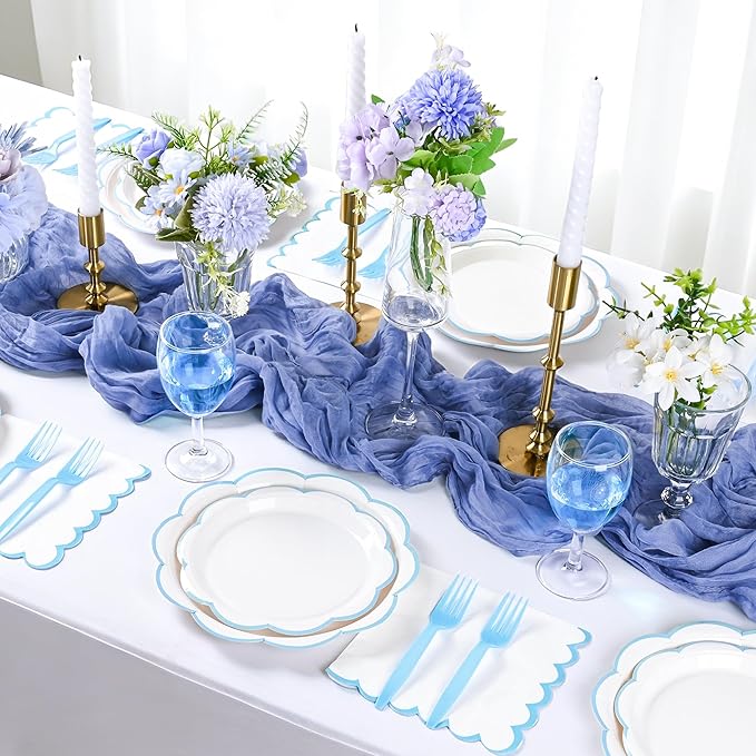 96 Pcs Light Blue and White Paper Plates and Napkins Set, Tableware set for 24 Guest include White Dessert Plates with baby Blue Scalloped Edge, Napkins and Forks for Baby Boy Shower,Wedding