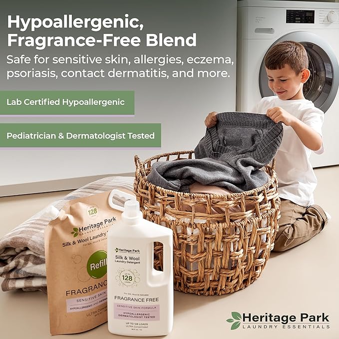 Heritage Park Silk & Wool Fragrance Free, Hypoallergenic, pH-Neutral Laundry Detergent - Dermatologist-tested, Sensitive Skin-Friendly, Enzyme-Free, Ultra Concentrated (64 fl oz Refill)