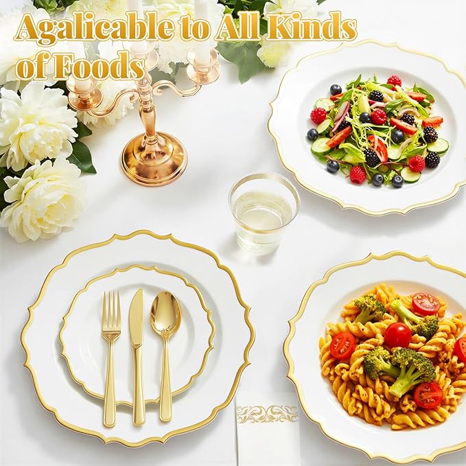 175 Plastic Dinnerware Set Gold Disposable Dinnerware Set for 25 Guests Include 50 Plastic Plates 25 Silverware Set 25 Cups and 25 Napkins for Party Wedding Birthday