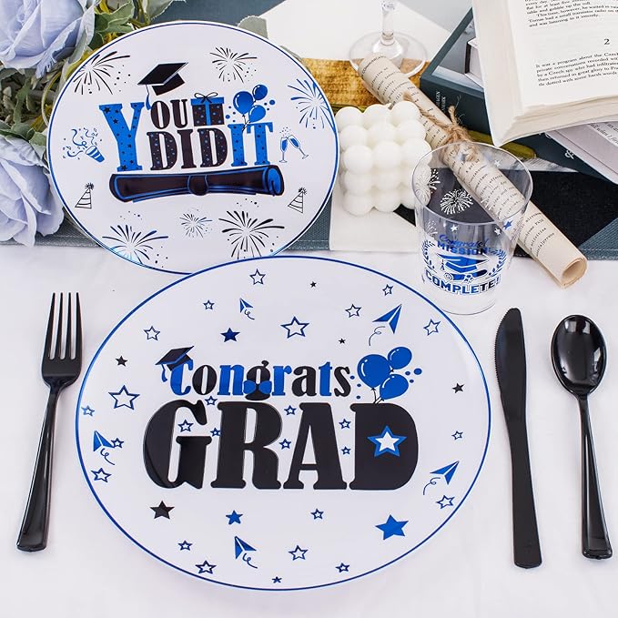 Liacere 150PCS Graduation Plastic Plates - Black and Blue Plastic Plates, Party Plates include 50Plates 25Knives 25Forks 25Spoons 25Cups for Graduation Party