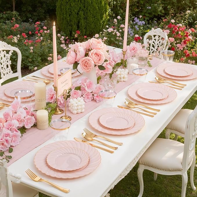 YOUBET 125Pcs Pink Plastic Plates with Gold Rim - Scalloped Plastic Plates Set Includes 25 Dinner, 25 Dessert Plate, 75 Gold Silverware for 25 Guests for Wedding Birthday Baby Shower