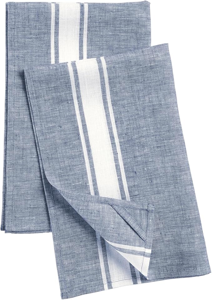 Solino Home Blue Linen Kitchen Towels Set of 2-100% Pure Linen 17 x 26 Inch Country Stripe Tea Towels with Hanging Loop- Soft & Durable European Flax Kitchen Dish Cloth-Quick Dry & Machine Washable