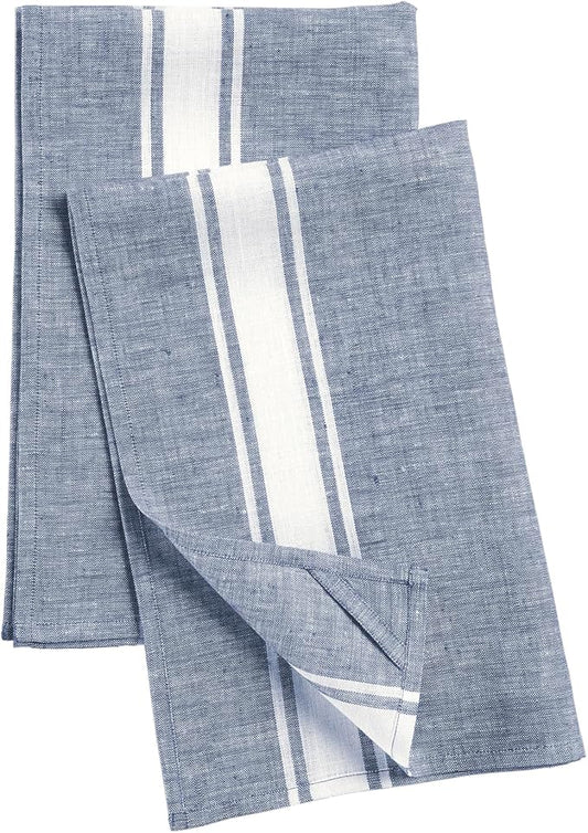 Solino Home Blue Linen Kitchen Towels Set of 2-100% Pure Linen 17 x 26 Inch Country Stripe Tea Towels with Hanging Loop- Soft & Durable European Flax Kitchen Dish Cloth-Quick Dry & Machine Washable