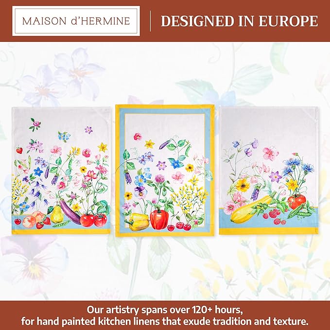 Maison d' Hermine Kitchen Towels Set of 3 100% Cotton 27.50" x 20" Reusable Cloth Tea Dish Towels Absorbent with Hanging Loop for Kitchen Farmhouse Hotel Spring Summer - Giverny