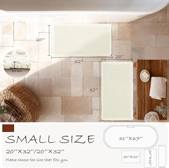 DWCN Waffle Bathroom Mat Set, Super Absorbent Non Slip Bath Rug Set for Bathroom Floor, Shower Mats 2 Piece for Tub, Washable Kitchen Rugs for Farmhouse Boho Decor, 20 x 32 Inch, Ivory