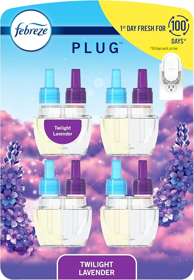 Febreze Plug In Air Freshener, Odor-Fighting Scented Oil Refill, Air Fresheners for Home and Bathroom and Kitchen, Long Lasting for Strong Odors, Twilight Lavender Scent, 0.87oz Refills, 4 Count