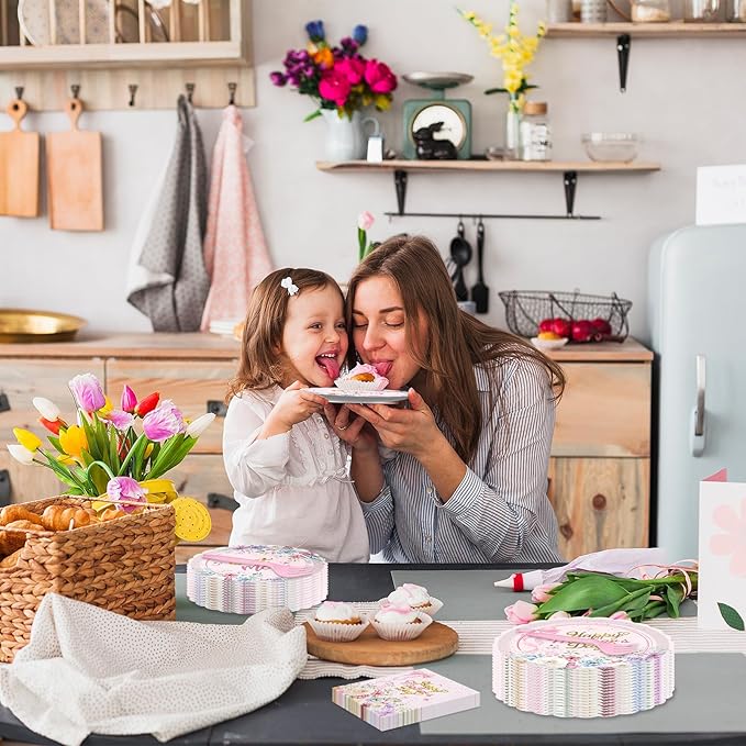 Gistome 96 Pieces Mother’s Day Floral Tableware Set – Pink Scalloped Disposable Plates, Napkins and Forks for Mother’s Day Party, Brunch, Tea Party, and Spring Celebrations – Serves 24 Guests