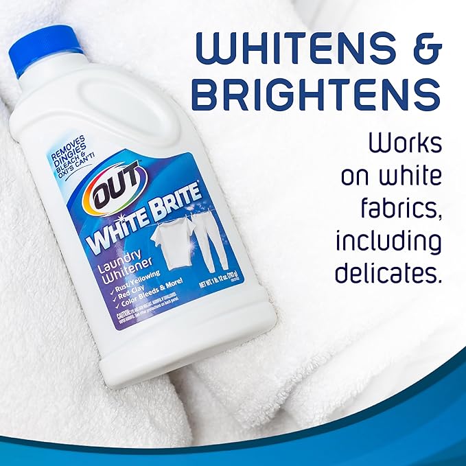 OUT White Brite Laundry Whitener Powder, Stain Remover Detergent Booster for Clothes, Removes Red Clay and Rust Stains on White Clothing and Uniforms, 28 Ounce - Pack of 2